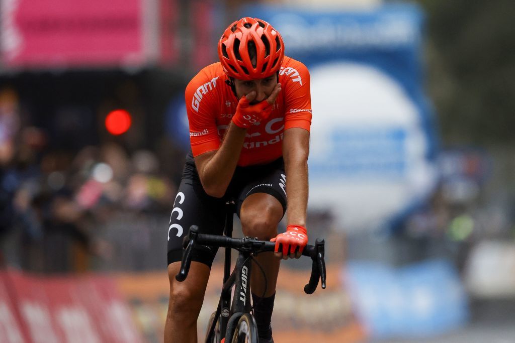 Team CCC rider Czech Republics Josef Cerny reacts after winning the 19th stage of the Giro dItalia 2020 cycling race a 258kilometer route between Morbegno and Asti on October 23 2020 Heavy rain has interrupted on October 23 2020 the 19th stage of the Giro dItalia following protests by the riders in the face of difficult weather conditions Todays stage was planned to be a flat 258km ride between Morbegno and Asti but was cut back 100km after riders revolted when faced with pelting rain in the northern region of Lombardy Photo by Luca Bettini AFP Photo by LUCA BETTINIAFP via Getty Images