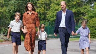 Prince George, Princess Charlotte and Prince Louis accompanied by the Prince and Princess of Wales arrive for a settling in afternoon at Lambrook School