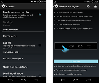 Custom button settings (left) and navigation bar modifications (right)