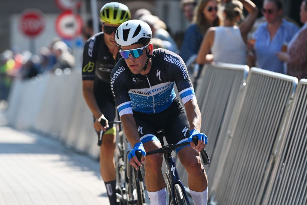 KOOLSKAMP BELGIUM SEPTEMBER 20 Sam Gademan of The Netherlands and Volkerwessels Cycling Team competes in the breakaway during the 108th Kampioenschap van Vlaanderen 2024 a 1802km one day race from Koolskamp to Koolskamp on September 20 2024 in Koolskamp Belgium Photo by Luc ClaessenGetty Images