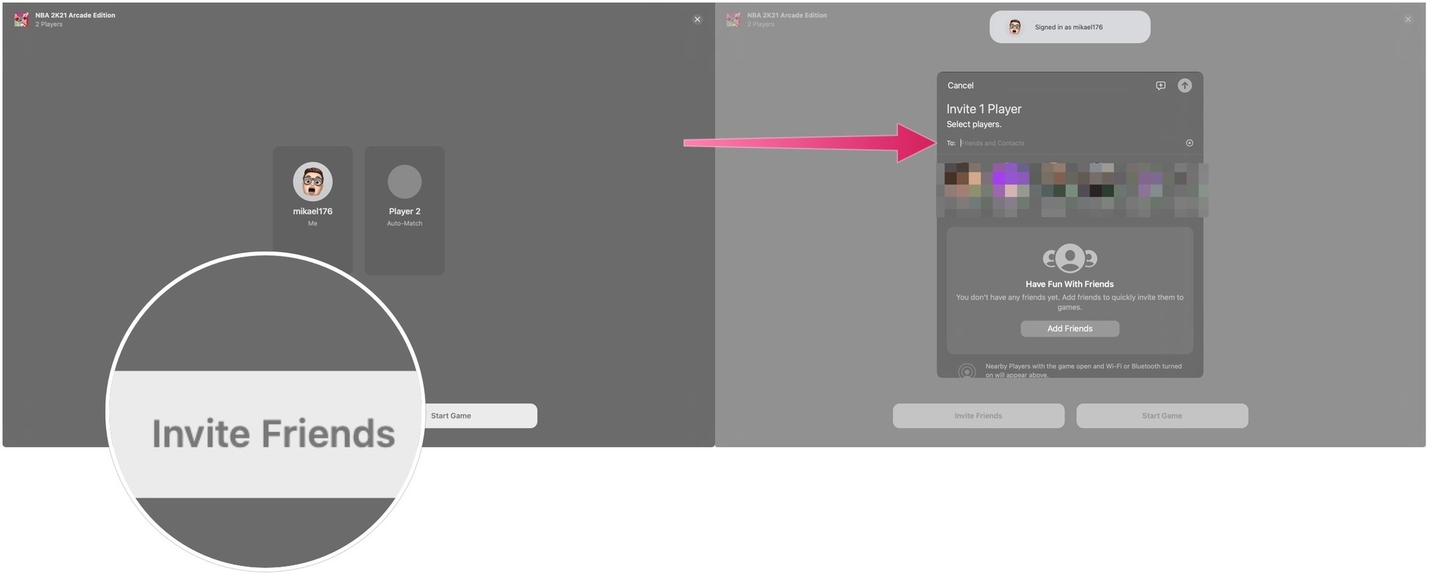 To invite multiplayers in a Game Center game, choose your profile, then click Invite Friends. Add your Messages contact and follow further directions.