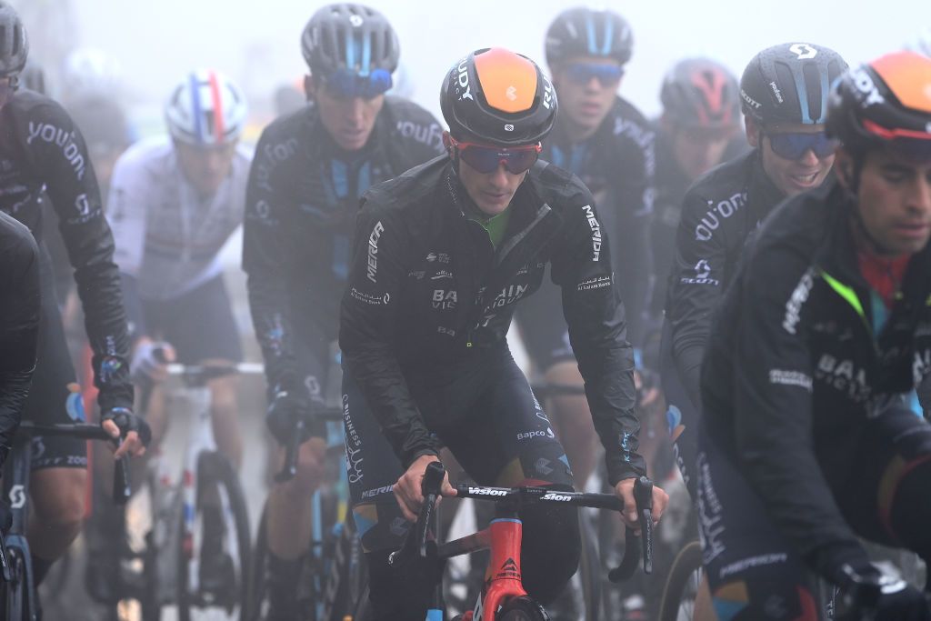 LIENZ AUSTRIA APRIL 22 Pello Bilbao Lpez De Armentia of Spain and Team Bahrain Victorious Green Leader Jersey competes in rainy and foggy conditions during the 45th Tour of the Alps 2022 Stage 5 a 1145km stage from Lienz to Lienz TouroftheAlps on April 22 2022 in Lienz Austria Photo by Tim de WaeleGetty Images