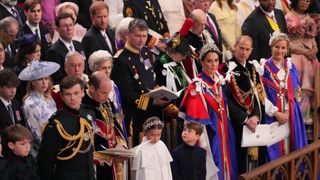 Prince William, Prince of Wales, Princess Charlotte, Prince Louis, Catherine, Princess of Wales, Prince Edward, the Duke of Edinburgh and Sophie, the Duchess of Edinburgh with Prince Harry, Duke of Sussex (3rd row 4th right) at the coronation ceremony of King Charles III