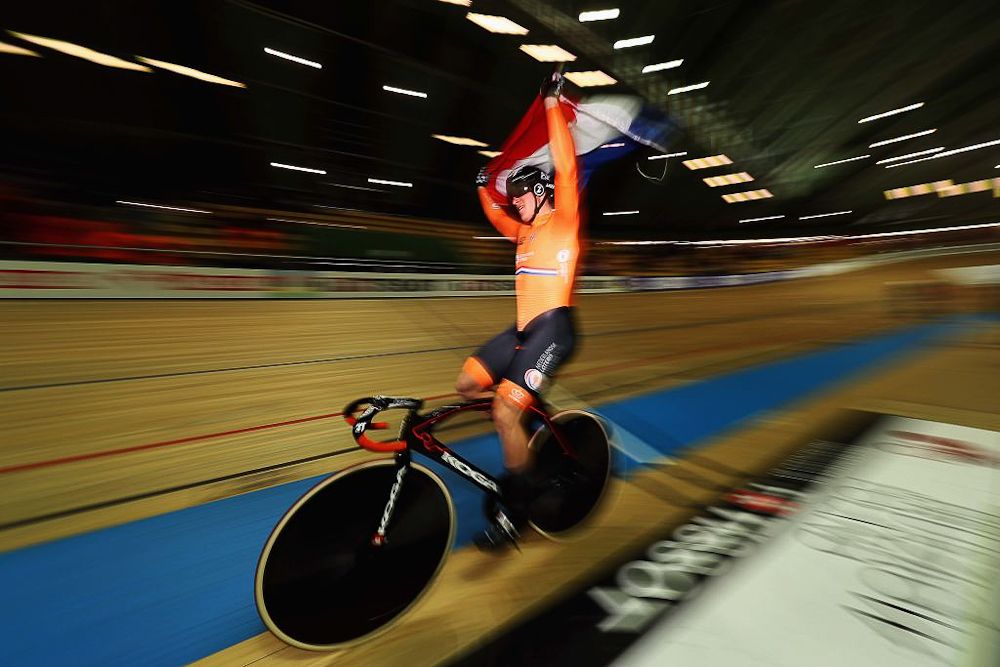Jeffrey Hoogland of the Netherlands celebrates winning the gold medal in the Men's team sprint final