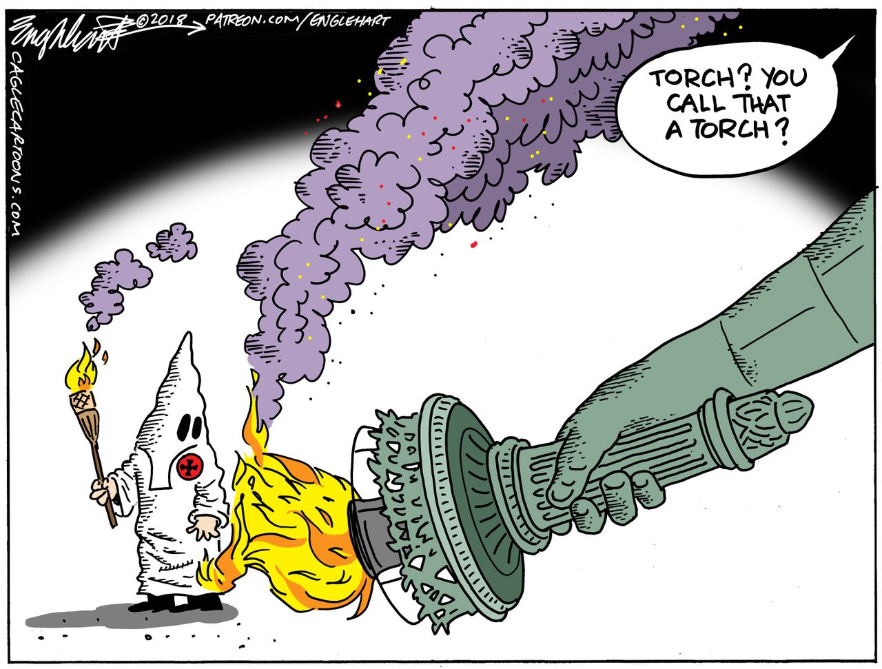 Political cartoon U.S. Statue of Liberty Klansmen Charlottesville rally