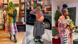 Crystal Anderson in three postpartum outfits