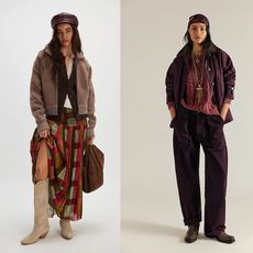 model wears plaid skirt, handbag, and tan jacket with tan boots and a hat and another model wears a scarf on her head, brown pants, a sweater