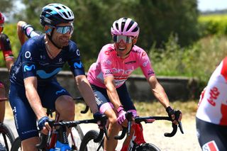 SCALEA ITALY MAY 12 LR Jose Joaquin Rojas Gil of Spain and Movistar Team and Juan Pedro Lpez of Spain and Team Trek Segafredo Pink Leader Jersey compete during the 105th Giro dItalia 2022 Stage 6 a 192km stage from Palmi to Scalea Giro WorldTour on May 12 2022 in Scalea Italy Photo by Tim de WaeleGetty Images