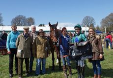 Point-to-point winner Peplum with his connections, including trainer Tina Cook. Photo by Jeannie Knight