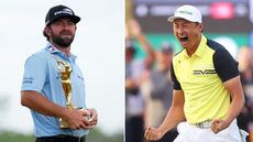 (left) Cameron Young holds The Players Championship trophy while looking on and (right) Haotong Li roars with delight after winning the Qatar Masters