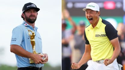 (left) Cameron Young holds The Players Championship trophy while looking on and (right) Haotong Li roars with delight after winning the Qatar Masters