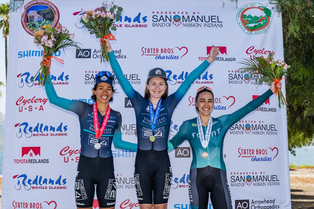 Stage 3 podium (l-r): second place Merlis Mejias (Twenty24), winner Emily Erhlich (Virginia's Blue Ridge Twenty24) and third place Alia Shafi (Fount Cycling)
