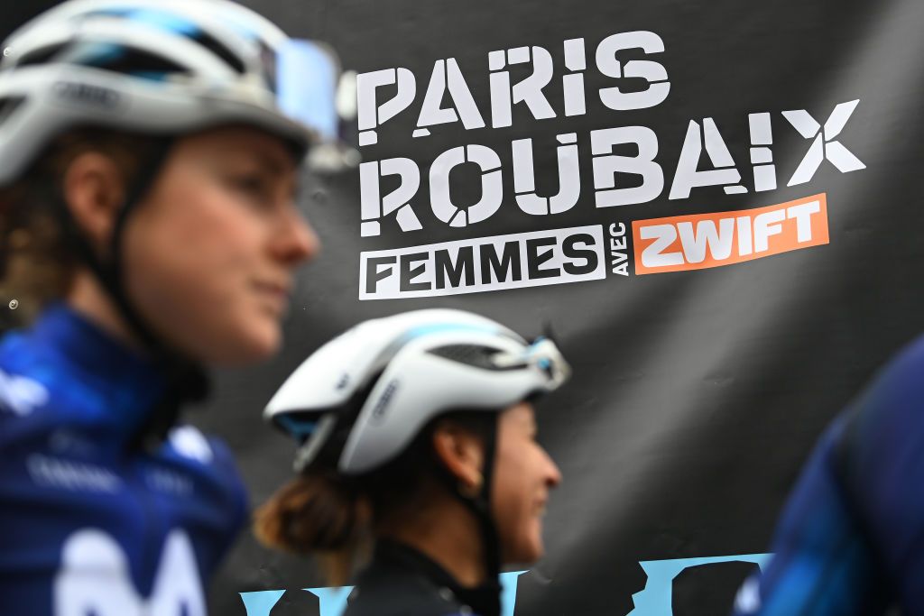 DENAIN FRANCE APRIL 08 Detail view of Floortje Mackaij of Movistar Team riders prior to the 3rd ParisRoubaix Femmes 2023 a 1454km one day race from Denain to Roubaix UCIWWT on April 08 2023 in Denain France Photo by Tim de WaeleGetty Images