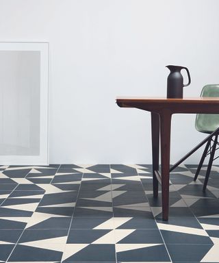 Blue and white atterned floor tiles illustrate geometric kitchen flooring ideas.