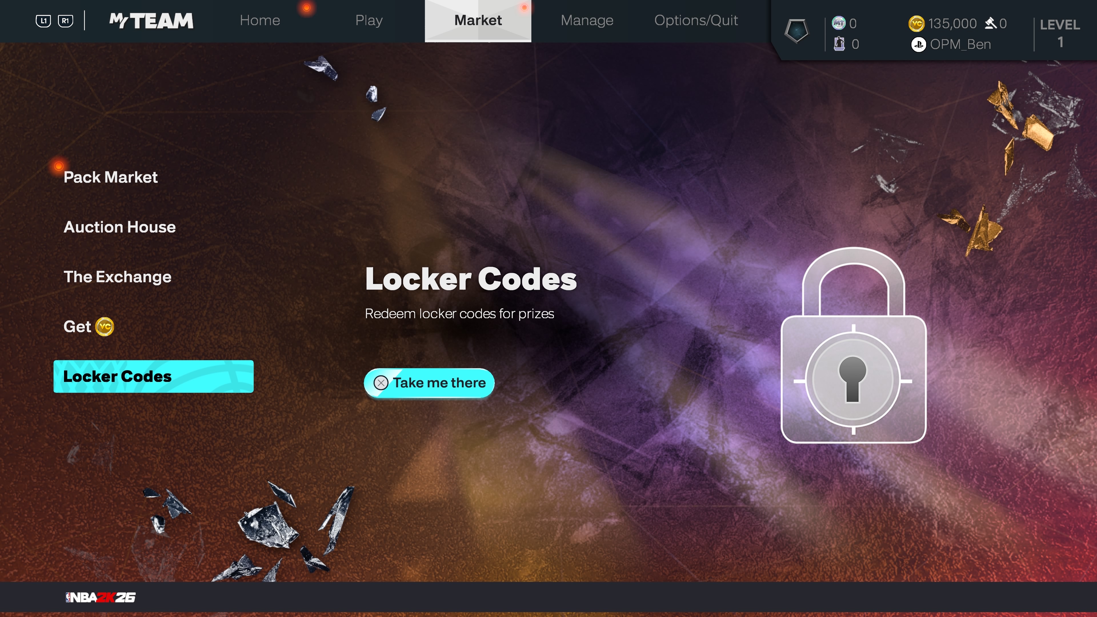 The MyTeam menu screen for active NBA 2K26 locker codes