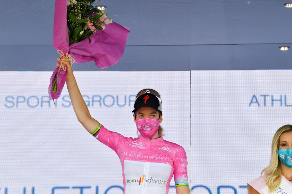 PRATO NEVOSO ITALY JULY 03 Anna Van Der Breggen of Netherlands and Team SD Worx Pink Leader Jersey celebrates at podium during the 32nd Giro dItalia Internazionale Femminile 2021 Stage 2 a 1001km stage from Boves to Prato Nevoso Colle del Prel 1607m GiroDonne UCIWWT on July 03 2021 in Prato Nevoso Italy Photo by Luc ClaessenGetty Images