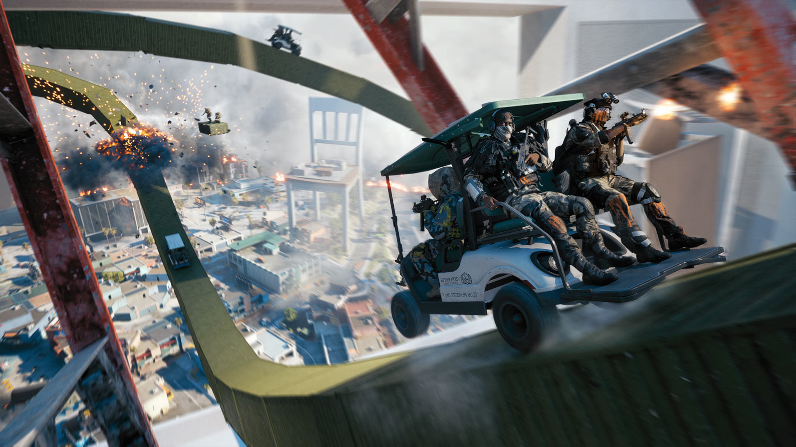 soldiers drive across green beams in a Golf Cart as explosions ring out in the distance