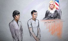 Courtroom sketch of defendants Dias Kadyrbayev (left) and Azamat Tazhayakov