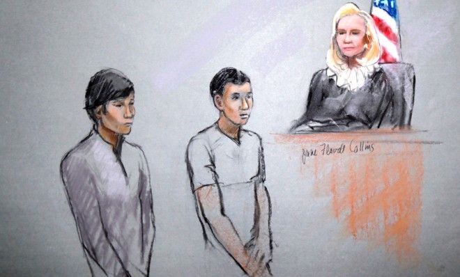 Courtroom sketch of defendants Dias Kadyrbayev (left) and Azamat Tazhayakov