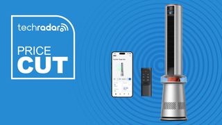 The Dreo MC710S Air Purifier Tower Fan, its remote control, and a phone showing the companion app are pictured against a blue background next to a badge which reads "TechRadar Price Cut".