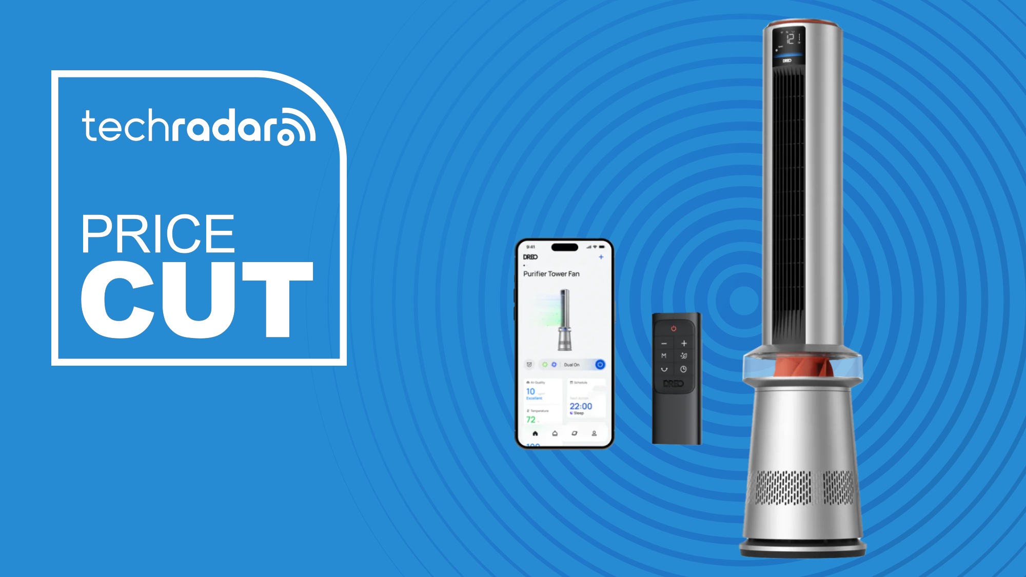 The Dreo MC710S Air Purifier Tower Fan, its remote control, and a phone showing the companion app are pictured against a blue background next to a badge which reads "TechRadar Price Cut".