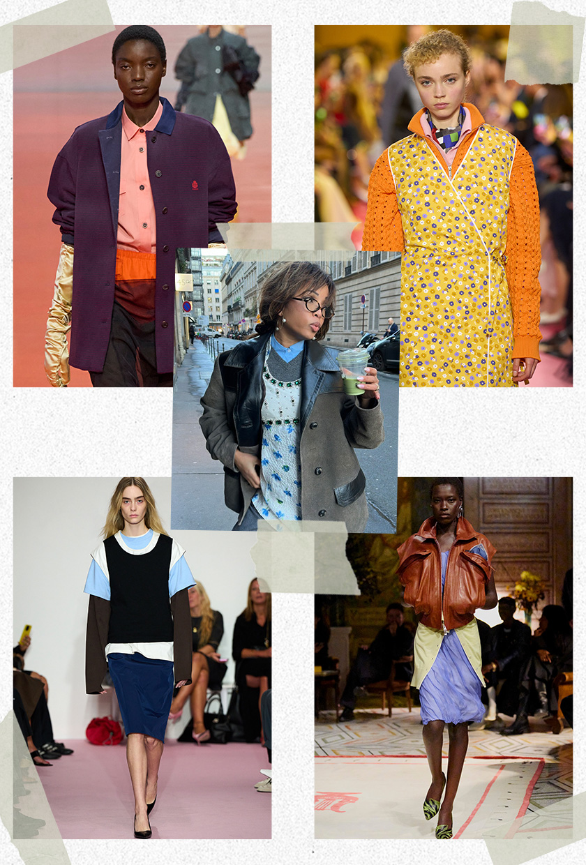 The best 2026 trends and outdated fashion trends, according to the French are shown in a collage of runway images. In the middle, there's a photo of Ellie Delphine wearing a brown blazer over a baby blue doll dress that's layered on top of a gray sweater, button-down, and blue jeans. It's surrounded by close-up photos from the runway showing the layering trend worn by models in the spring 2026 collections of Prada, Miu Miu, Versace, and Lii