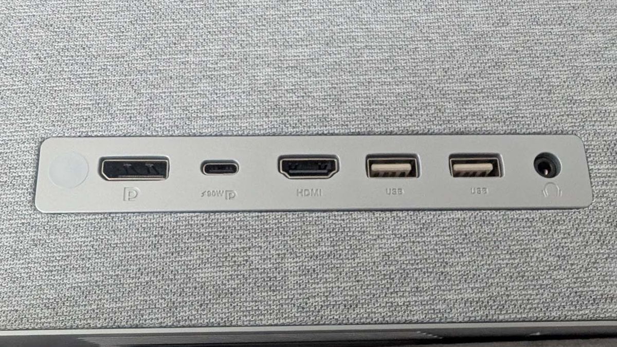 Closeup of the ASUS ZenScreen Smart TV MS27UC's DisplayPort, USB-C, HDMI, two USB-A, and one headphone jack.