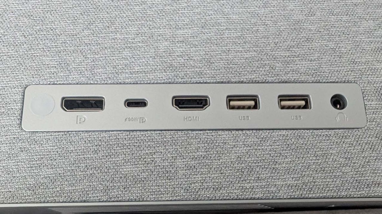 Closeup of the ASUS ZenScreen Smart TV MS27UC's DisplayPort, USB-C, HDMI, two USB-A, and one headphone jack.