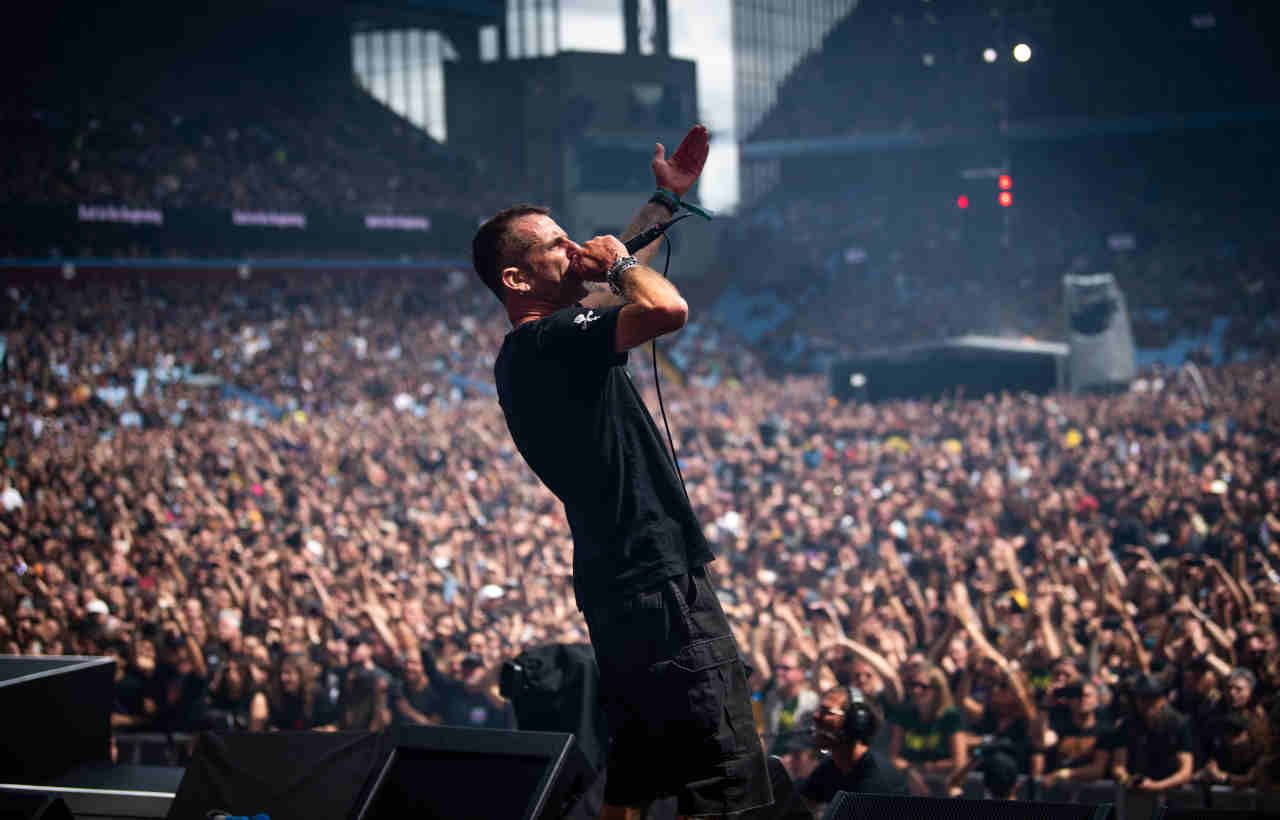 Lamb Of God’s Randy Blythe performing onstage at the Back To The Beginning show at Villa Park in July 2025