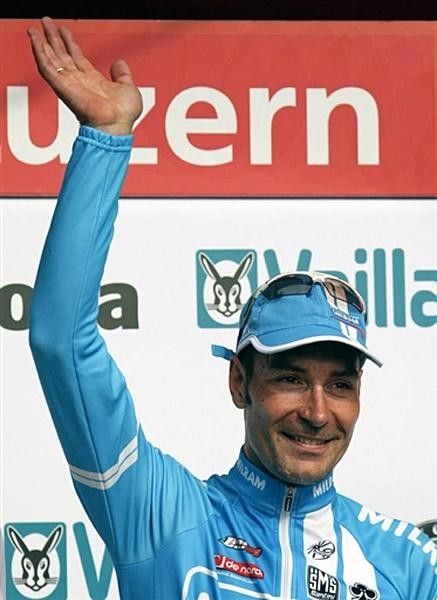 Erik Zabel (Milram) on the podium after winning stage two of the Tour de Suisse