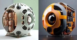 A pair of spherical computer cases designed by the Midjourney AI.