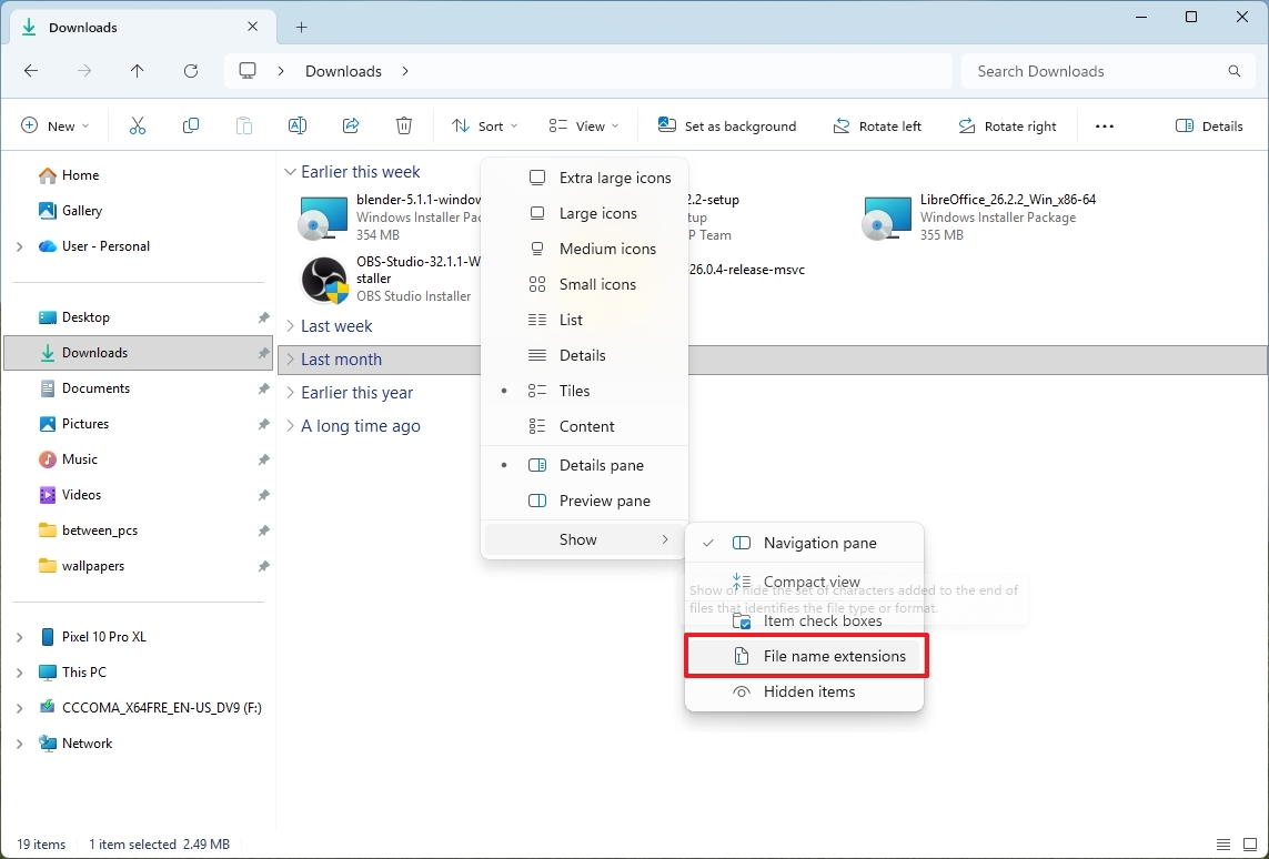 File Explorer show extensions
