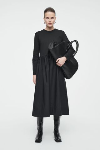 Contrast-Panel Long-Sleeved Midi Dress