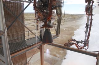 Blue Origin test fires a powerful new hydrogen- and oxygen-fueled American rocket engine at the company's West Texas facility. Blue Origin's Orbital Launch Vehicle will use the BE-3 engine to propel the company's Space Vehicle into orbit.