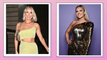 Millie Court smiling and wearing a green cut out dress, side by side a picture of Chloe Burrows wearing a gold, sequin dress/ in a pink and purple template