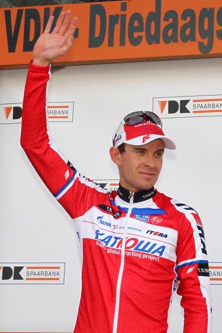 Stage 3a winner Alexander Kristoff (Katusha) on the podium in De Panne.