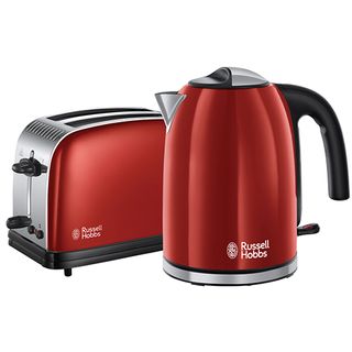 burgundy coloured toster and kettle with white background