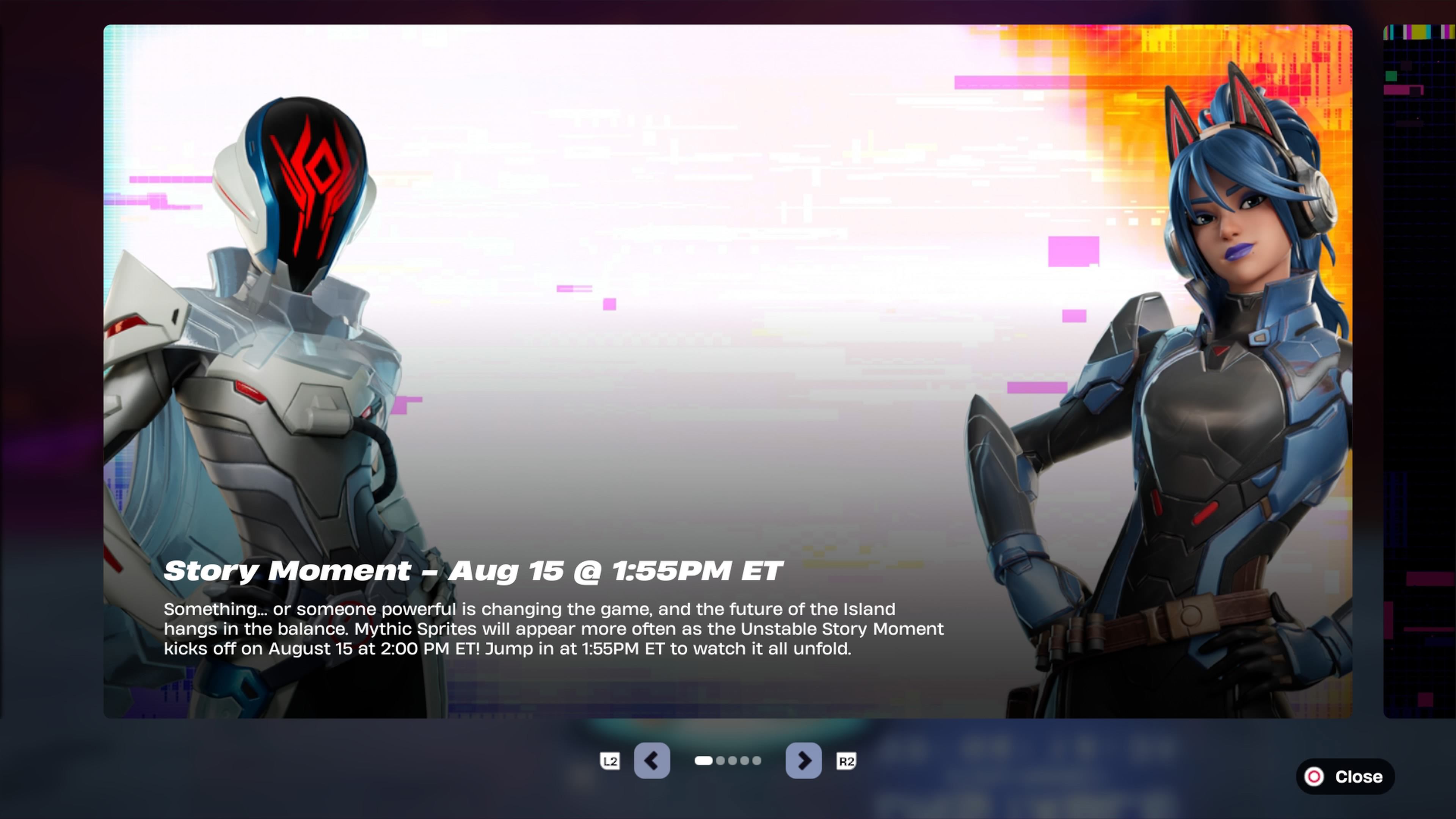 An in-game splash screen confirming details for the Fortnite Live Event Unstable Story Moment