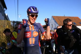 NOKERE BELGIUM MARCH 19 Race winner Nils Eekhoff of Netherlands and Team Picnic PostNL reacts after the 79th Danilith Nokere Koerse 2025 Mens Elite a 1881km one day race from Deinze to Nokere on March 19 2025 in Nokere Belgium Photo by Rhode Van ElsenGetty Images