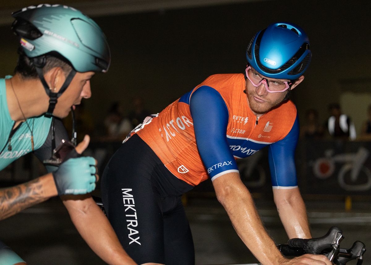 Like the women's race, the men's race was marred with a large crash about halfway through. Here Thomas Gibbons (Automatic Racing) waits with Alfredo Rodriguez (Best Buddies Racing) to be reinserted into the race.