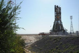 At the Baikonur launch site, the Soyuz-U launch vehicle with Progress M-12M transport vehicle is installed on the launch pad.