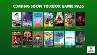 Xbox Game Pass announcement featuring 14 game covers on a green background, including "Forza Horizon 5," "Peppa Pig," and "Final Fantasy VI."