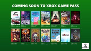 Xbox Game Pass announcement featuring 14 game covers on a green background, including "Forza Horizon 5," "Peppa Pig," and "Final Fantasy VI."