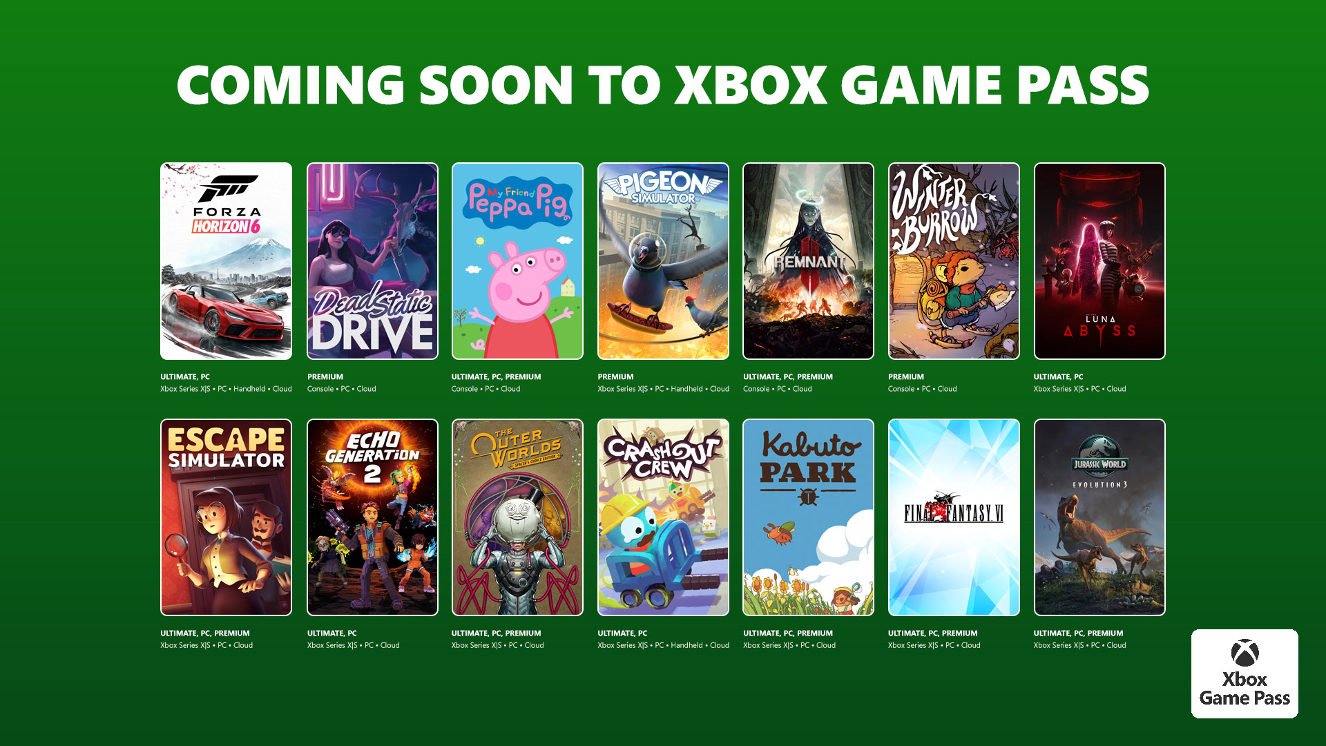 Xbox Game Pass announcement featuring 14 game covers on a green background, including "Forza Horizon 5," "Peppa Pig," and "Final Fantasy VI."