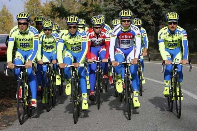Alberto Contador and Peter Sagan on the front of the group ride