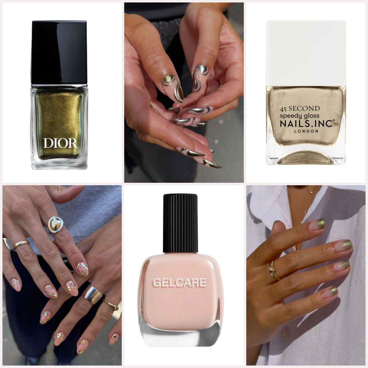 Six-image collage featuring jewelry box nail designs, including sequin nails, gradient green gold nails, and swirled molten nails, and three nail polish bottles