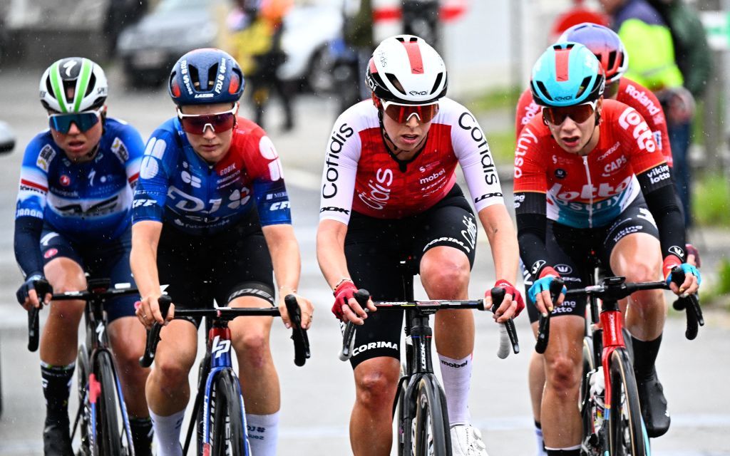 The breakaway group Belgian Justine Ghekiere of AG Insurance - Soudal, French Gladys Verhulst Wild of FDJ-Suez, Italian Elena Pirrone of Roland,Australian Josie Talbot of Cofidis Women Team and Belgian Mieke Docx of Lotto Dstny Ladies pictured in action during the women's race of the 'Ronde van Vlaanderen/ Tour des Flandres/ Tour of Flanders' one day cycling event, 163km with start and finish in Oudenaarde, Sunday 31 March 2024. BELGA PHOTO JASPER JACOBS (Photo by JASPER JACOBS / BELGA MAG / Belga via AFP)