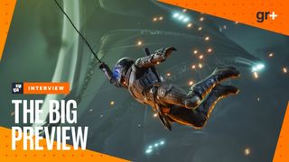 Exodus screenshot of Jun zipping along in the air with Big Preview branding