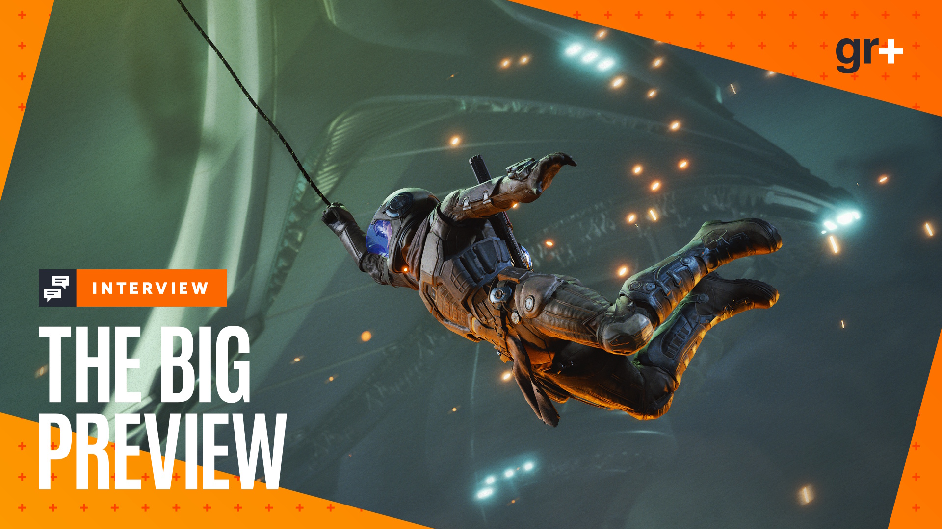 Exodus screenshot of Jun zipping along in the air with Big Preview branding