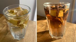 Before and after of a glass of water with chopped up banana peels to make plant food